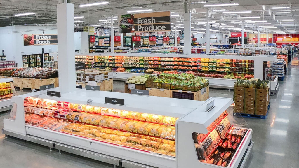 The Produce Section of BJ's Wholesale, which includes fresh produce, meats, pasta, frozen foods and more.